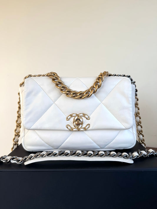 Pre-owned Chanel 19 Small White Lambskin Flap Bag