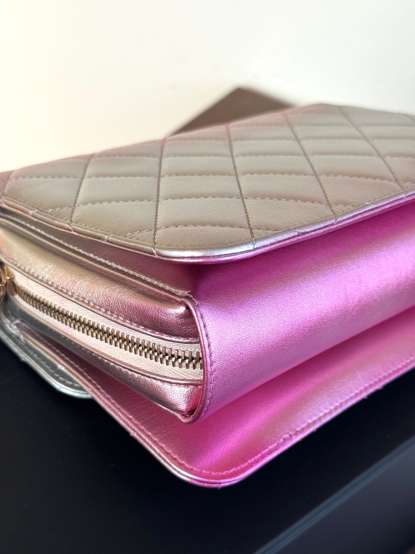 Pre-owned Chanel Like A Wallet Metallic Silver Pink Lambskin Flap Bag