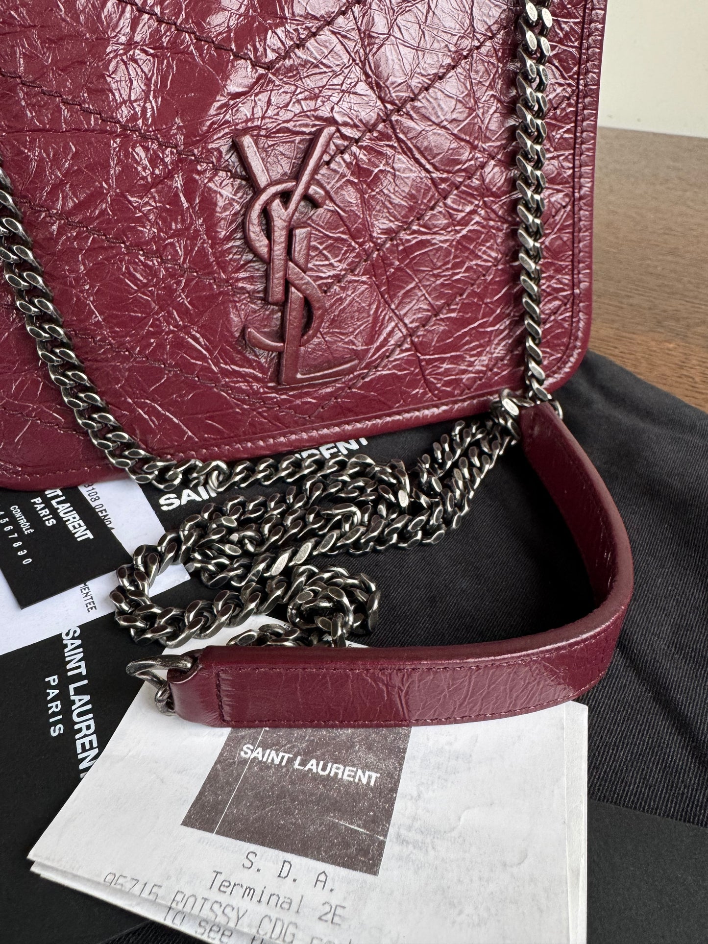 Pre-owned Saint Laurent Niki Mini Burgundy Leather Flap Bag