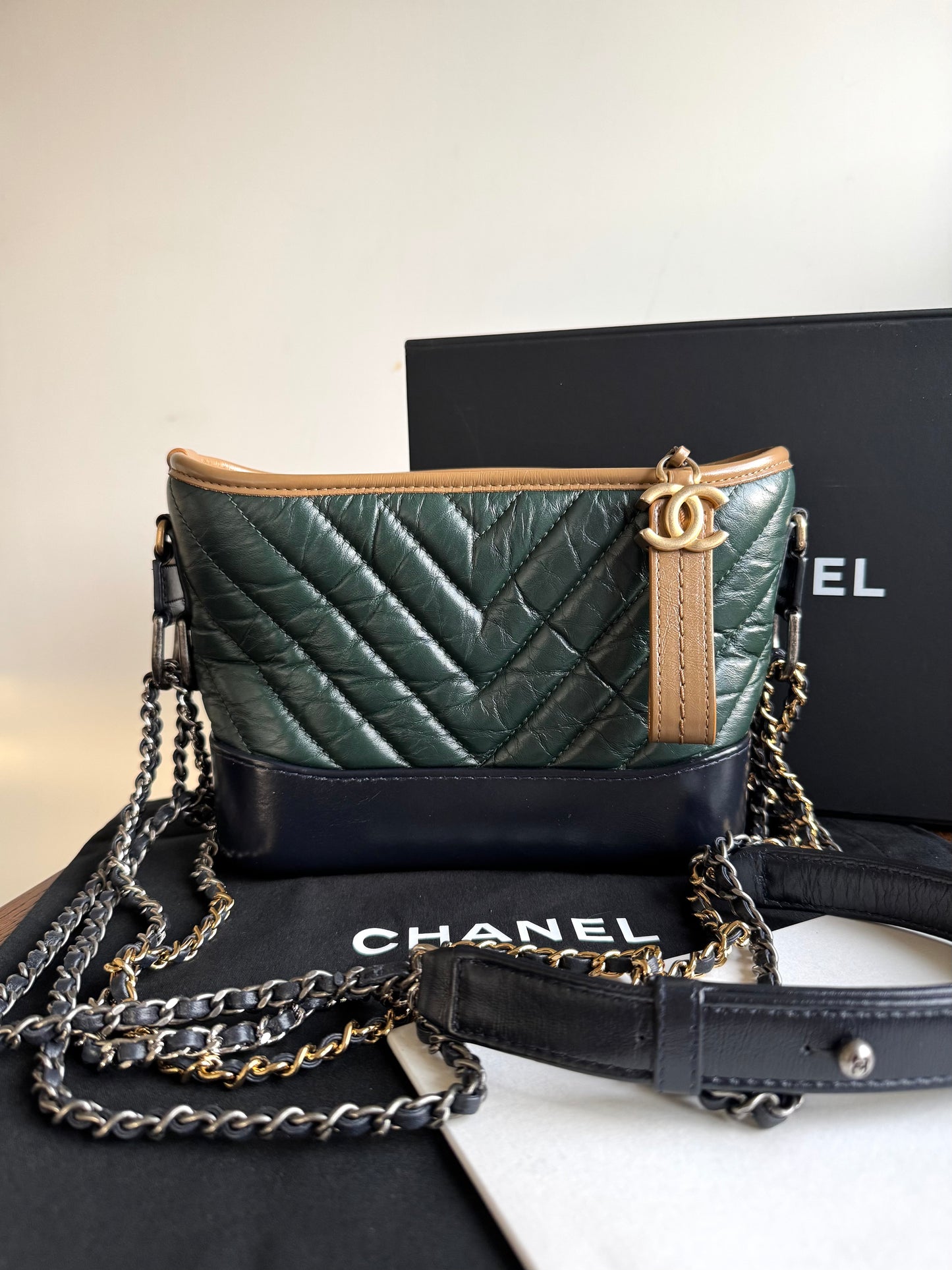 Pre-owned Chanel Gabrielle Small V-stitch Dark Green Leather Hobo Bag Limited Color