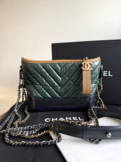 Pre-owned Chanel Gabrielle Small V-stitch Dark Green Leather Hobo Bag Limited Color
