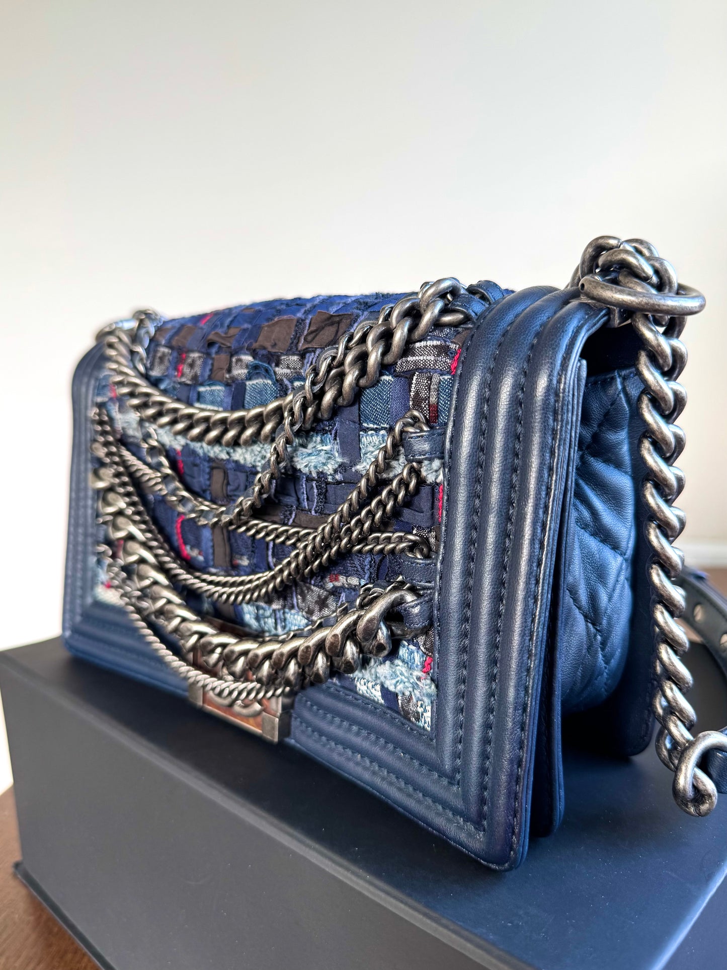 Pre-owned Chanel Boy Medium Blue Denim Tweed Leather Flap Bag