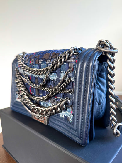 Pre-owned Chanel Boy Medium Blue Denim Tweed Leather Flap Bag