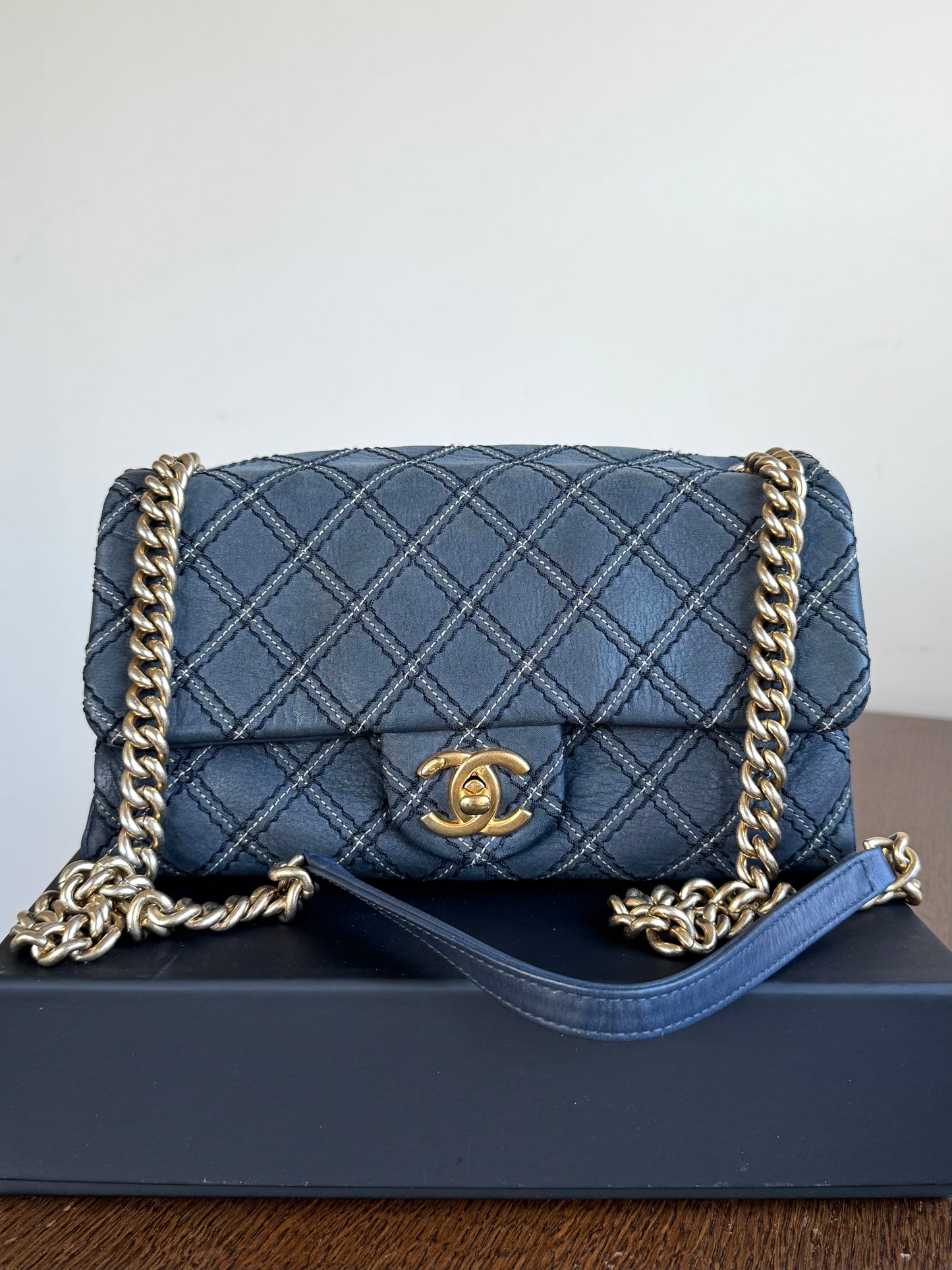 Pre-owned Chanel CC Stitch Quilted Blue Iridescent Leather Flap Bag