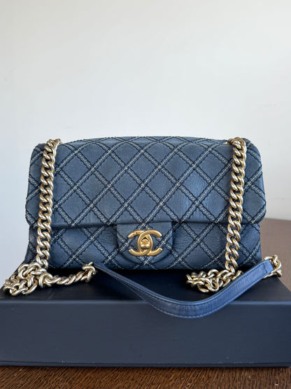 Pre-owned Chanel CC Stitch Quilted Blue Iridescent Leather Flap Bag