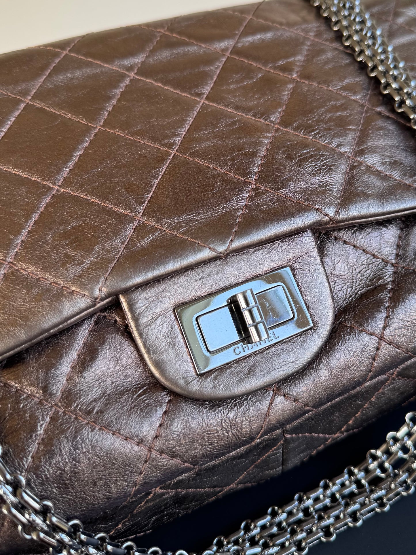 Pre-owned Chanel 2.55 Reissue Maxi 227 Bronze Metallic Calfskin Flap Bag