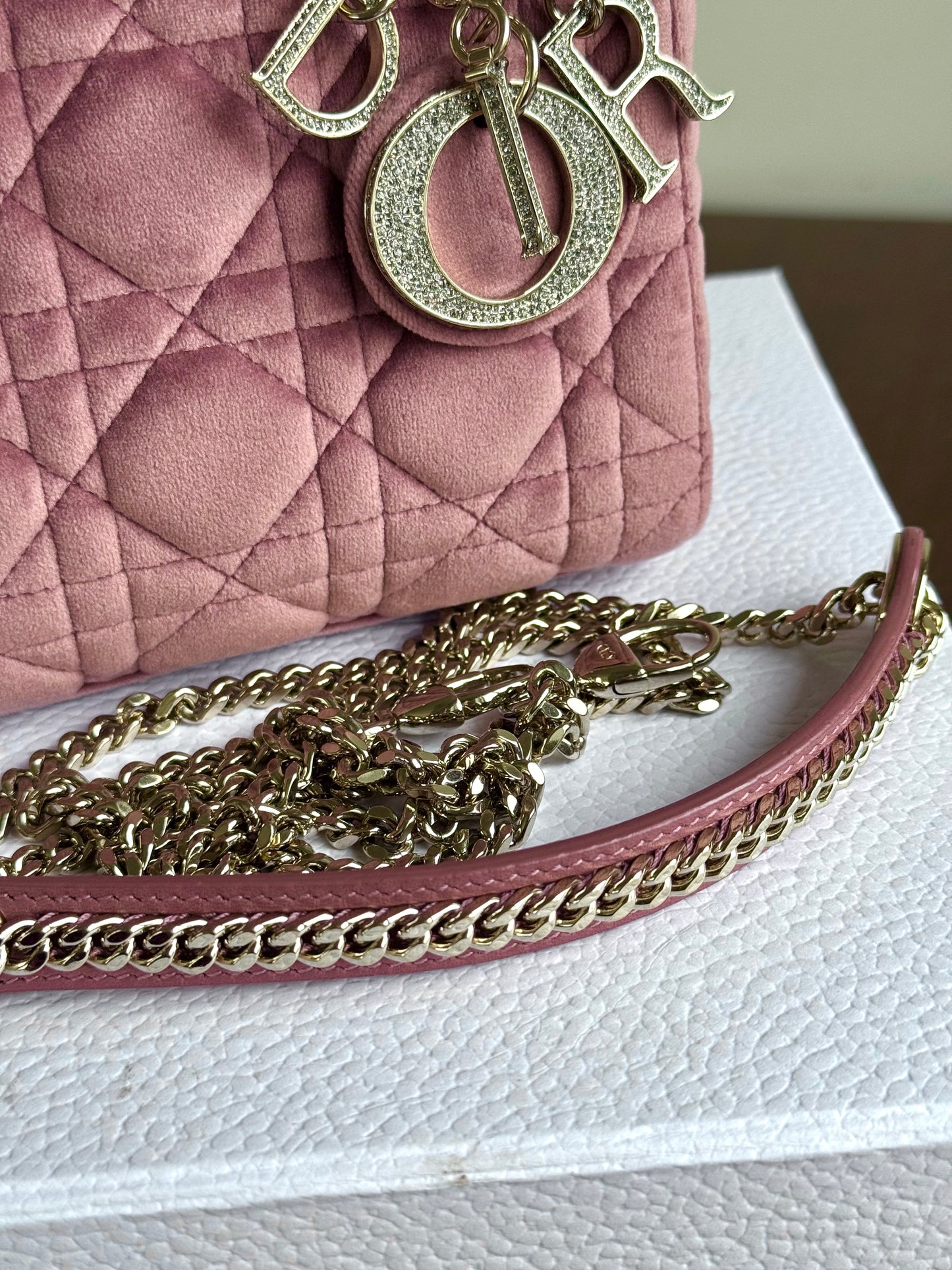 Pre-owned Dior Lady Dior Mini Crystal Dusty Rose Velvet Bag Limited Edition