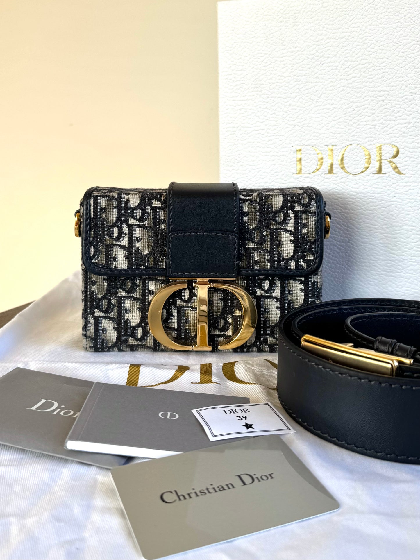 Pre-owned Dior 30 Montaigne Box Navy Canvas Leather Bag