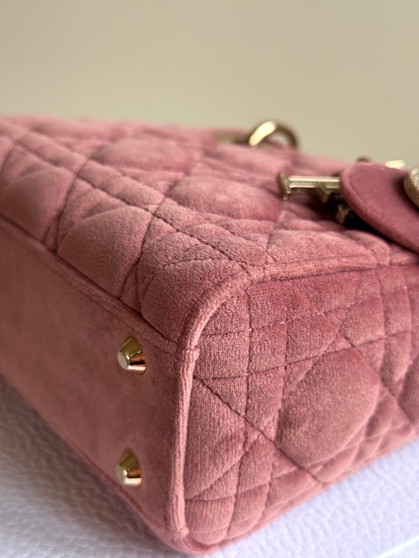 Pre-owned Dior Lady Dior Mini Crystal Dusty Rose Velvet Bag Limited Edition