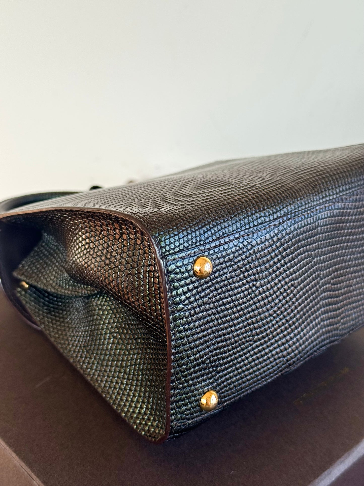 Pre-owned Delvaux Brillant Mini Metallic Dark Green Lizard Bag