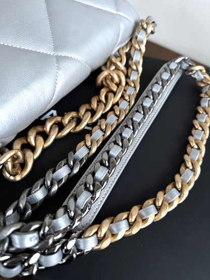 Pre-owned Chanel 19 Large Silver Lambskin Flap Bag