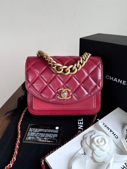 Pre-owned Chanel Top Chain Red Burgundy Caviar Flap Bag