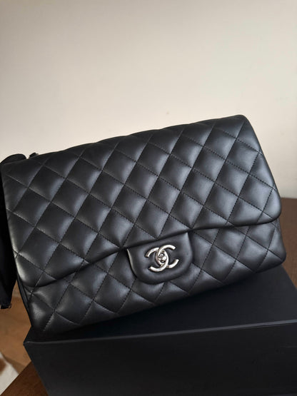 Pre-owned Chanel Timeless Classic Jumbo Black Lambskin Single Flap Bag