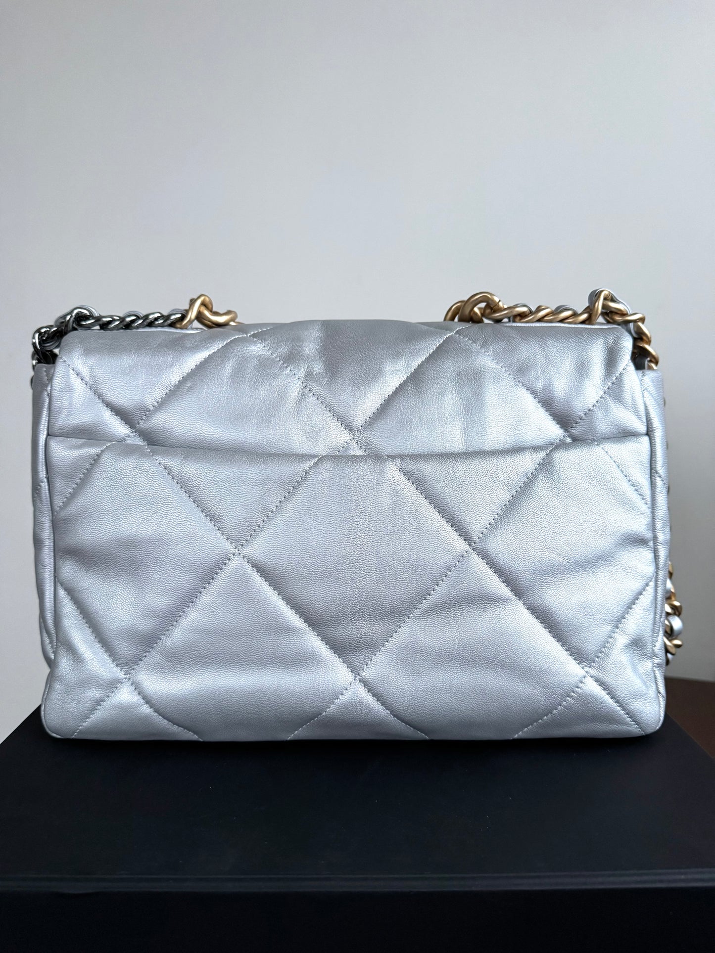 Pre-owned Chanel 19 Large Silver Lambskin Flap Bag