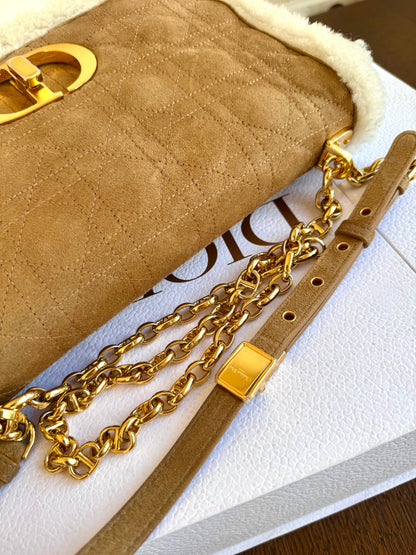 Pre-owned Dior Caro Large Camel Shearling Cannage Flap Bag