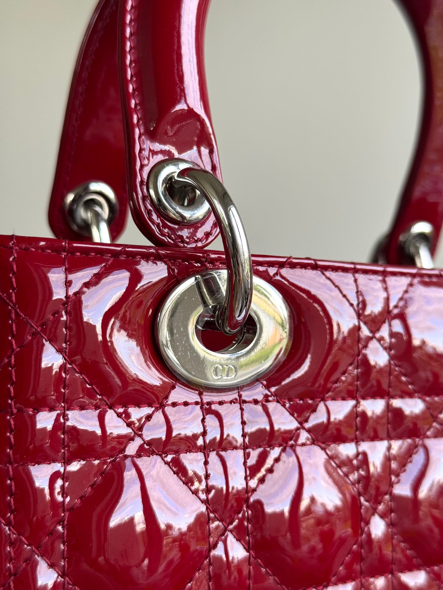 Pre-owned Dior Lady Dior Medium Burgundy Patent Leather Bag