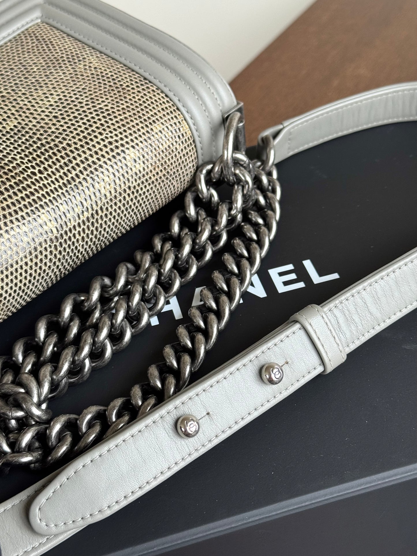 Pre-owned Chanel Boy Small Grey Lizard Leather Flap Bag