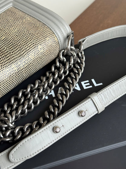 Pre-owned Chanel Boy Small Grey Lizard Leather Flap Bag