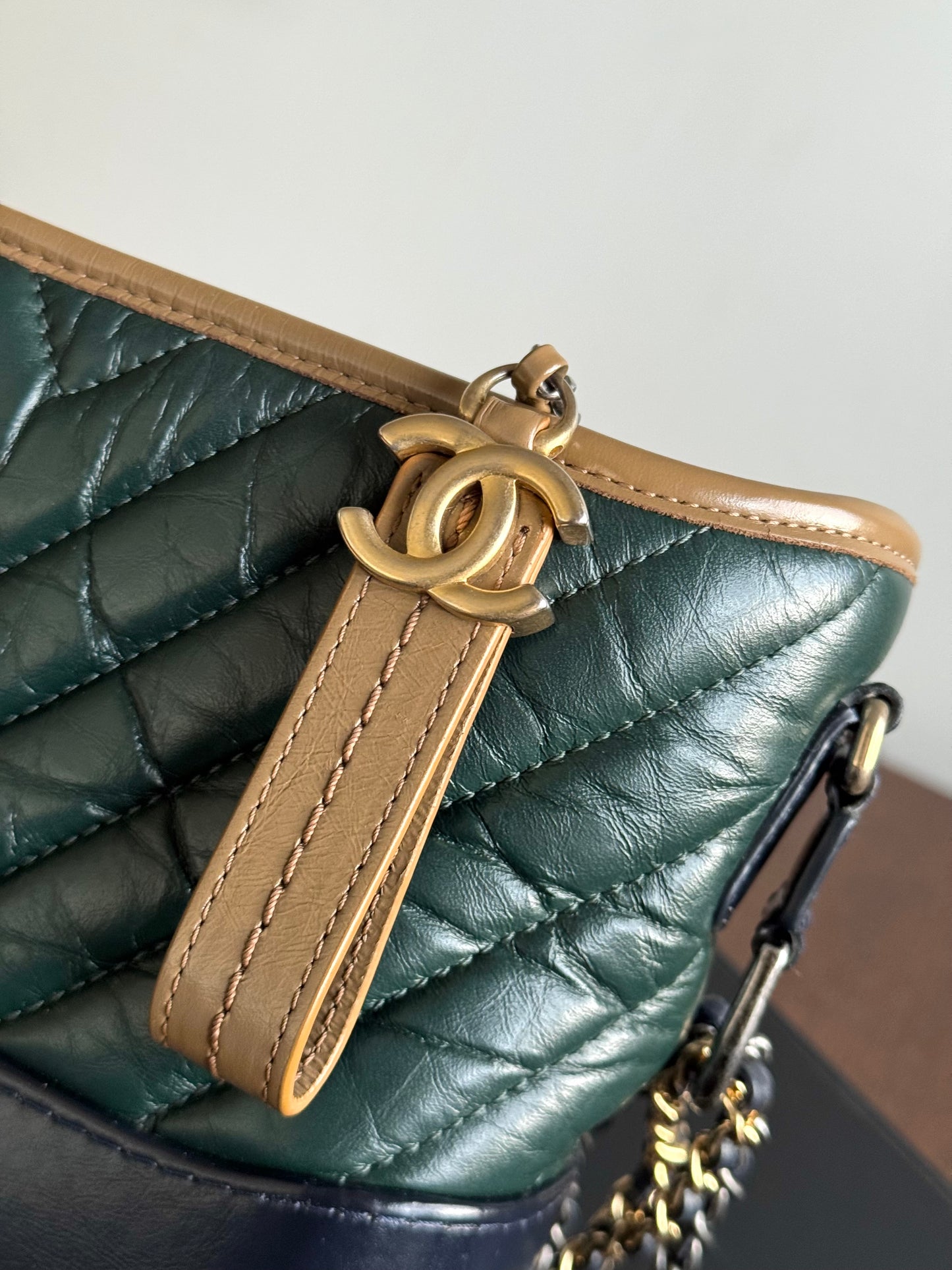 Pre-owned Chanel Gabrielle Small V-stitch Dark Green Leather Hobo Bag Limited Color
