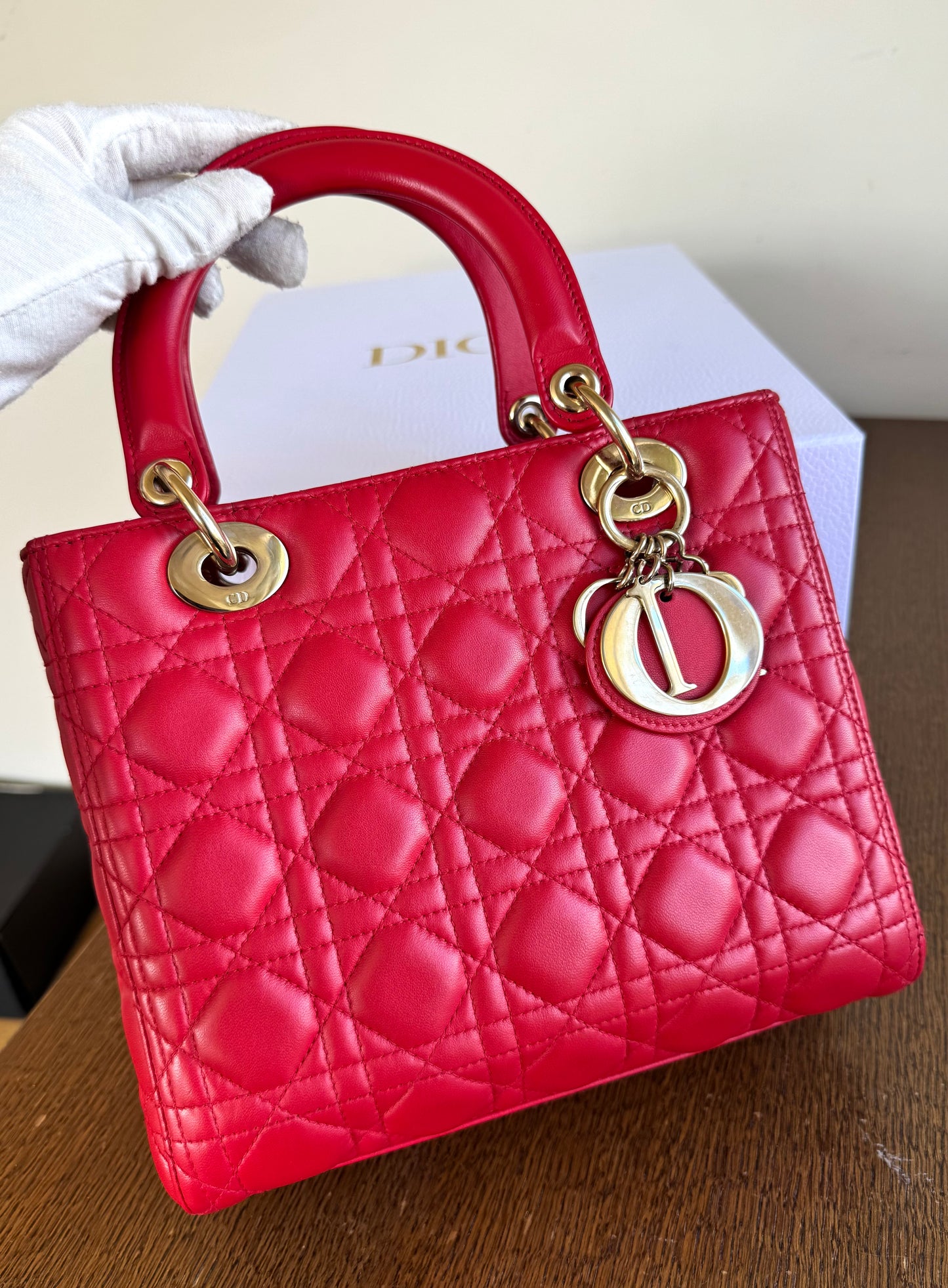 Pre-owned Dior Lady Dior Medium Red Lambskin Bag