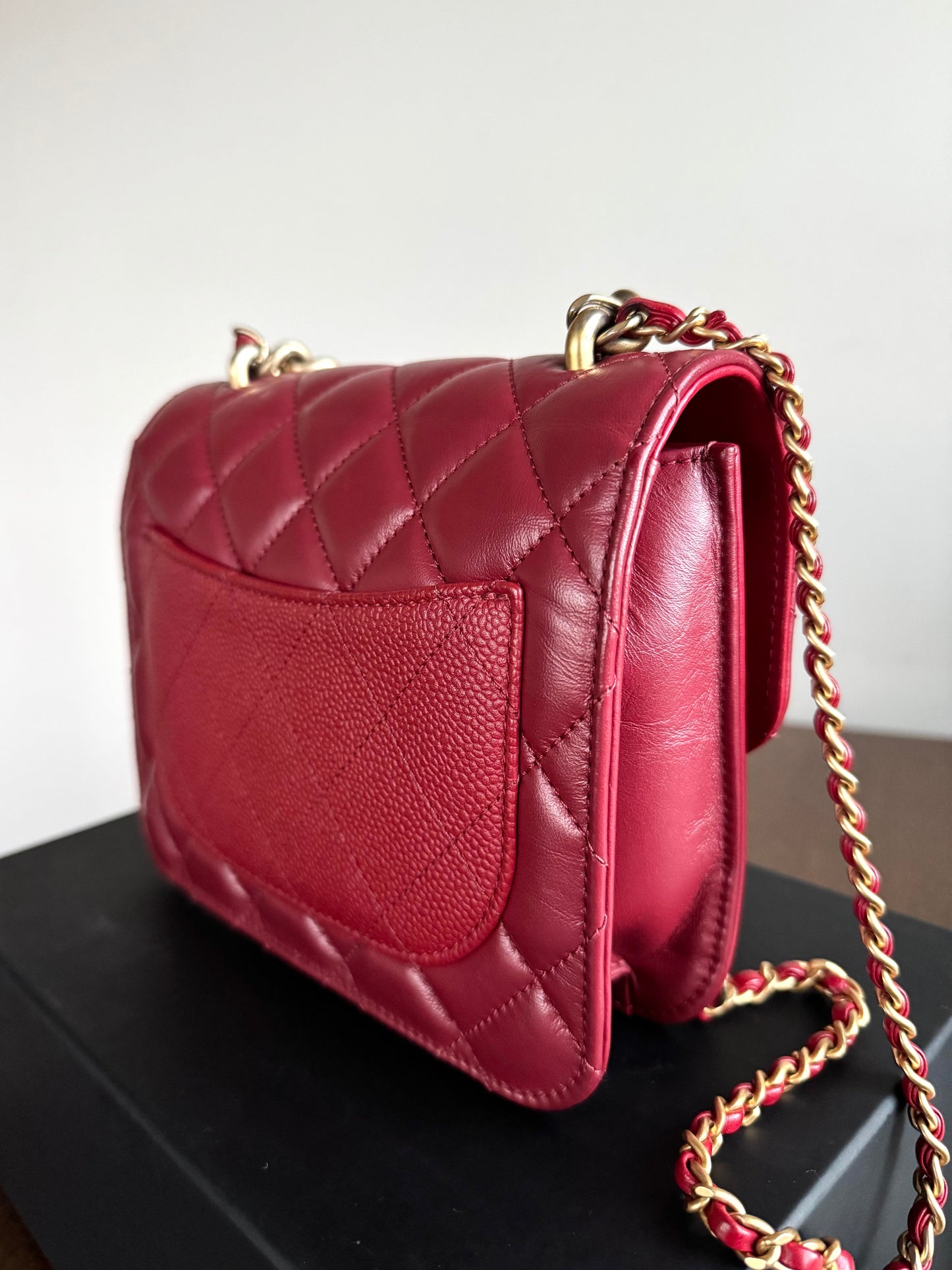 Pre-owned Chanel Top Chain Red Burgundy Caviar Flap Bag
