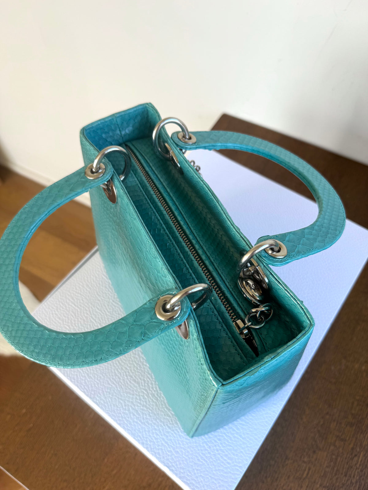 Pre-owned Dior Lady Dior Medium Tiffany Blue Python Bag