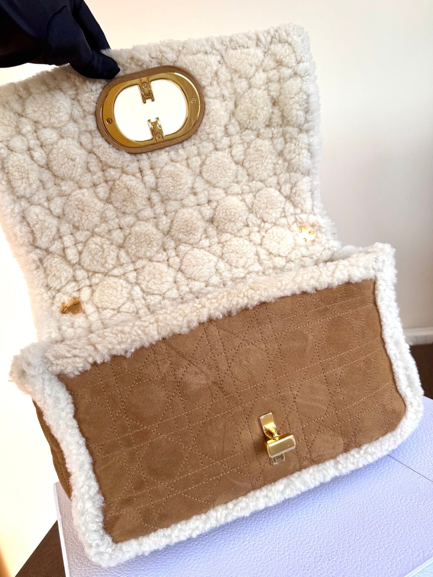 Pre-owned Dior Caro Large Camel Shearling Cannage Flap Bag