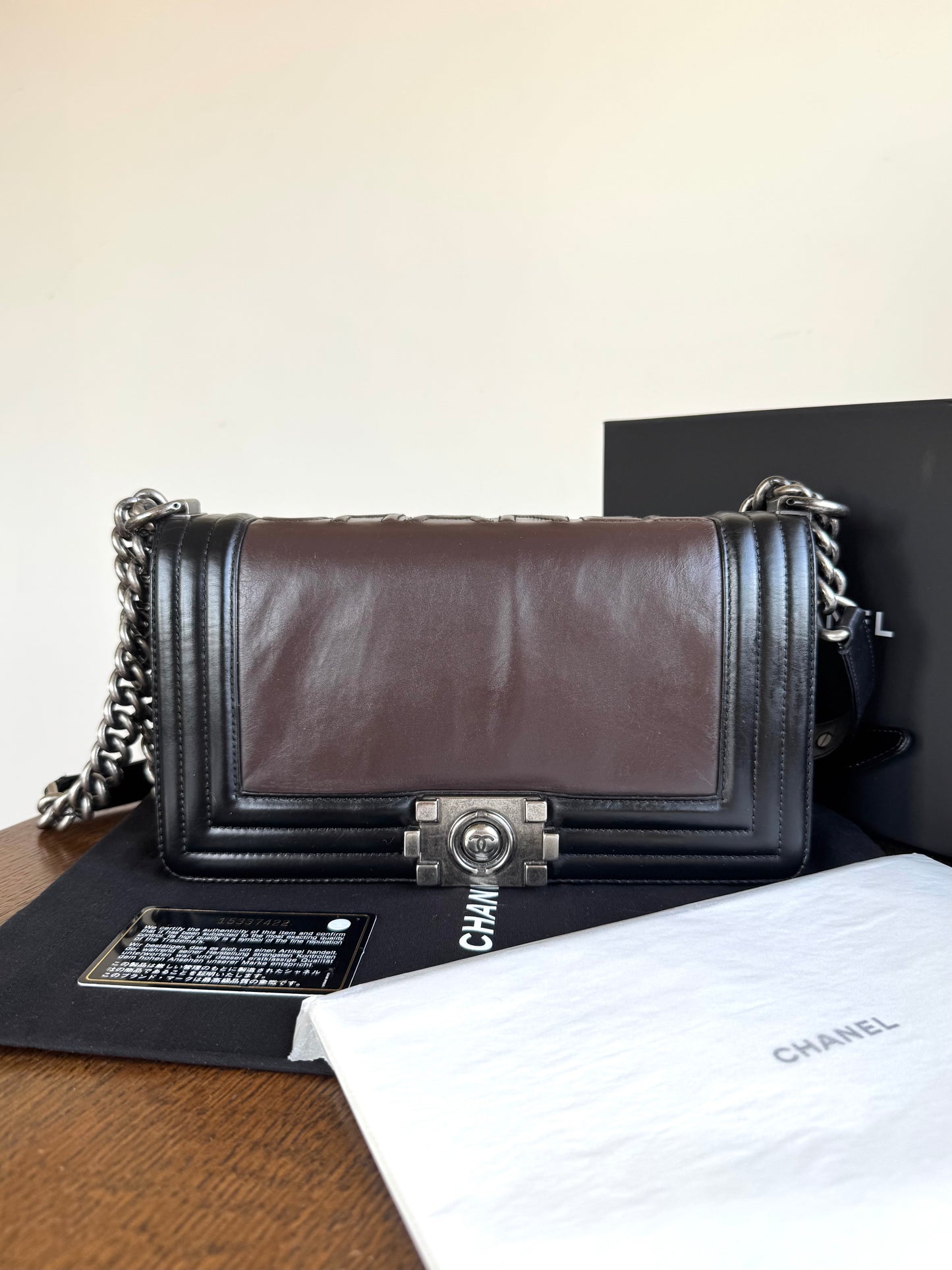 Pre-owned Chanel Boy Medium Brown Black Leather Flap Bag