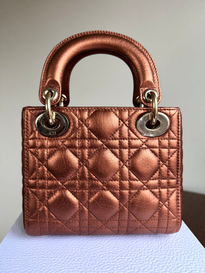 Pre-owned Dior Lady Dior Mini Bronze Lambskin Cannage Bag