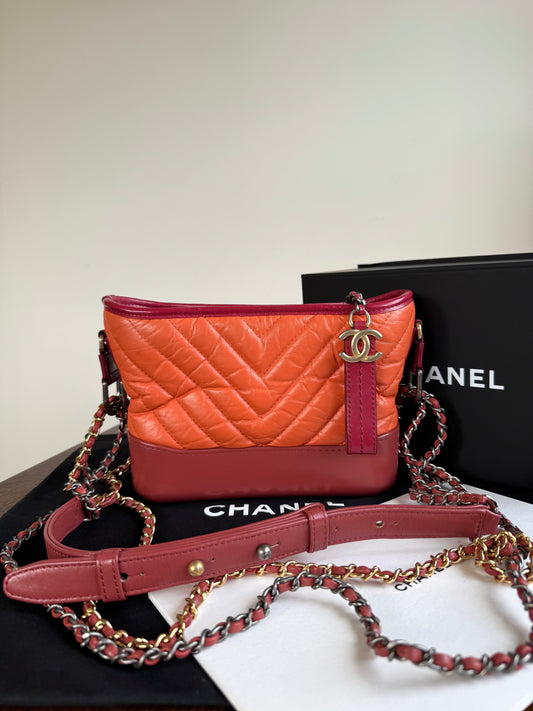Pre-owned Chanel Gabrielle Small Orange Red Leather Hobo Bag