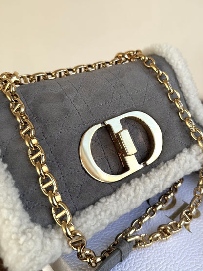 Pre-owned Dior Caro Small Grey Shearling Cannage Flap Bag