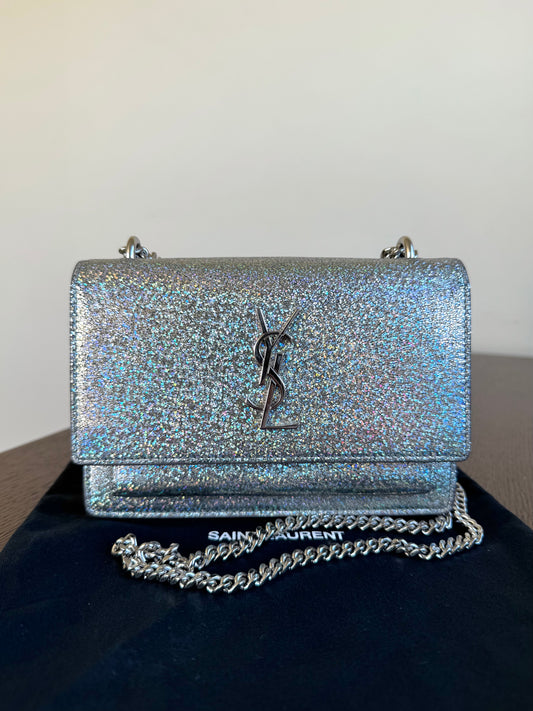 Pre-owned Saint Laurent Sunset Metallic Crackled Leather Chain Wallet Bag