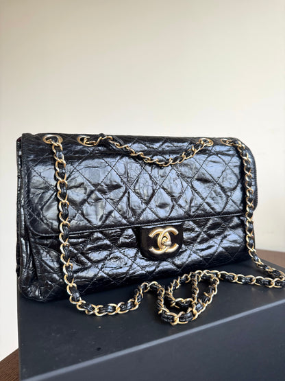 Pre-owned Chanel CC Black Waxed Leather Flap Bag