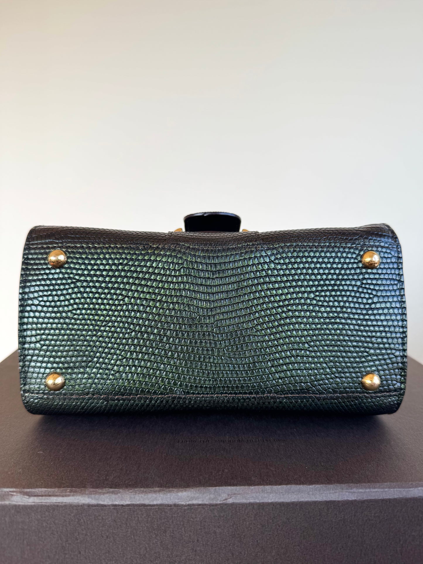 Pre-owned Delvaux Brillant Mini Metallic Dark Green Lizard Bag