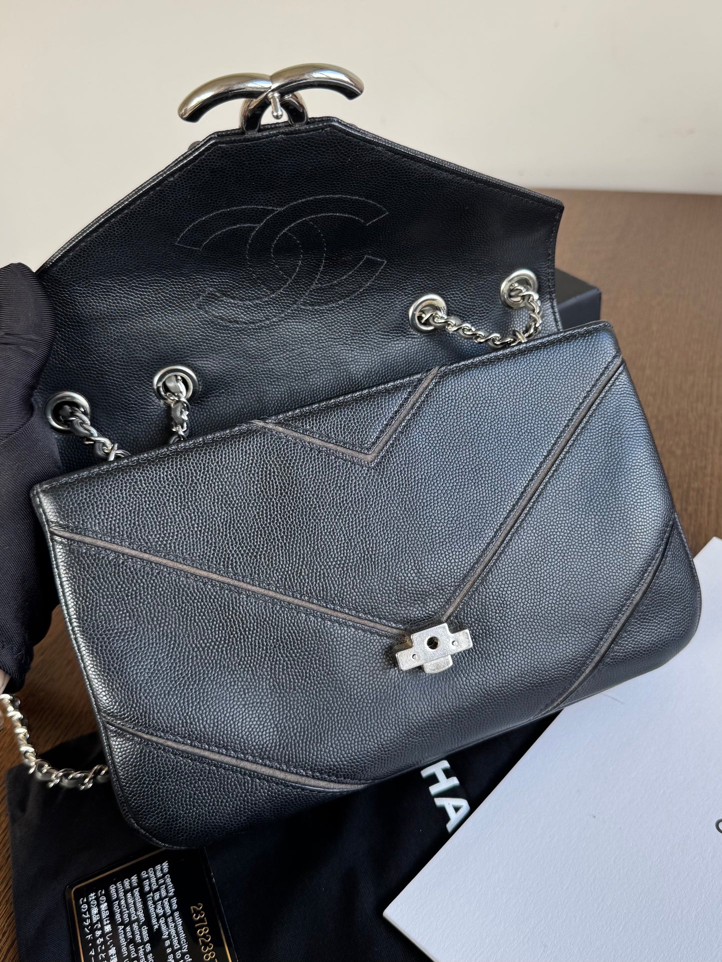 Pre-owned Chanel Marco Chevron Caviar Black Flap Bag