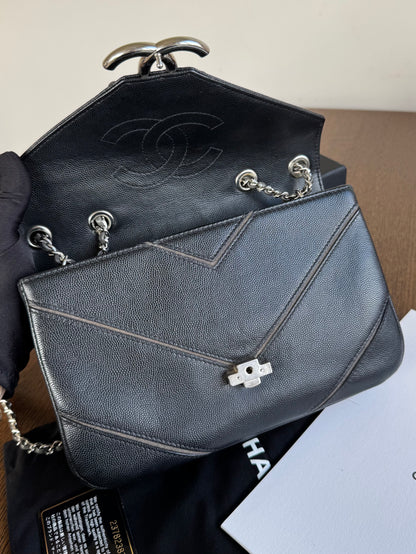 Pre-owned Chanel Marco Chevron Caviar Black Flap Bag