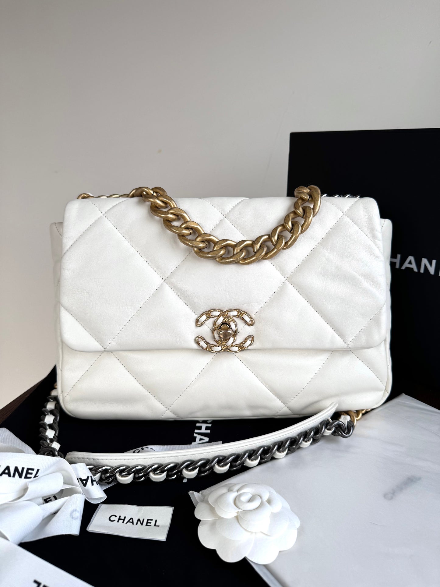 Pre-owned Chanel 19 Large White Lambskin Flap Bag