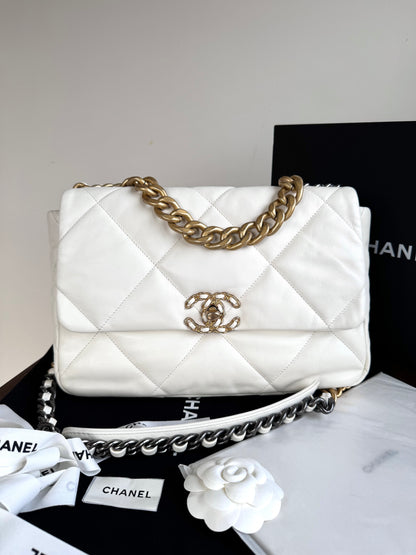 Pre-owned Chanel 19 Large White Lambskin Flap Bag