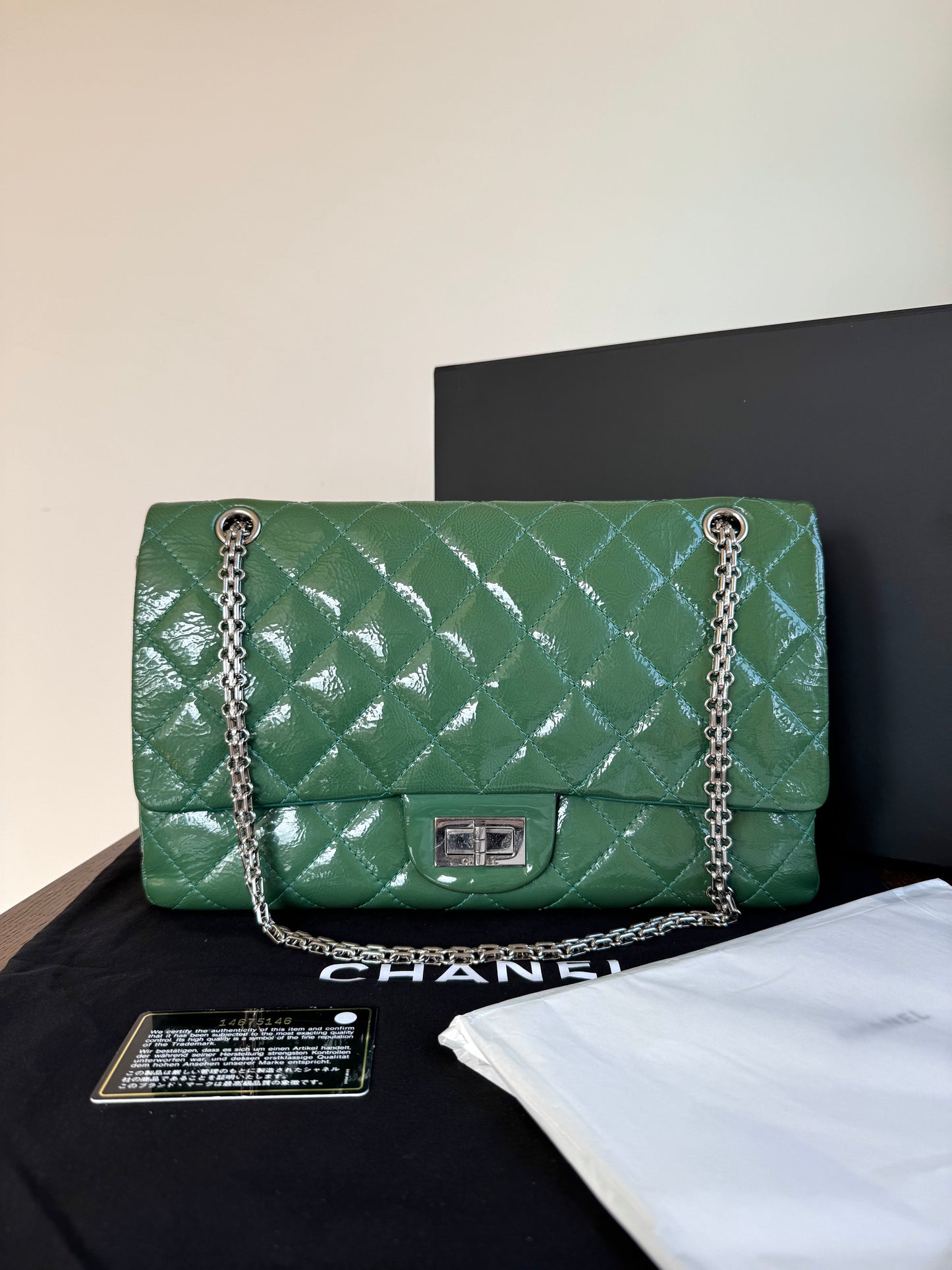 Pre-owned Chanel 2.55 Reissue Maxi 227 Dark Green Patent Leather Flap Bag