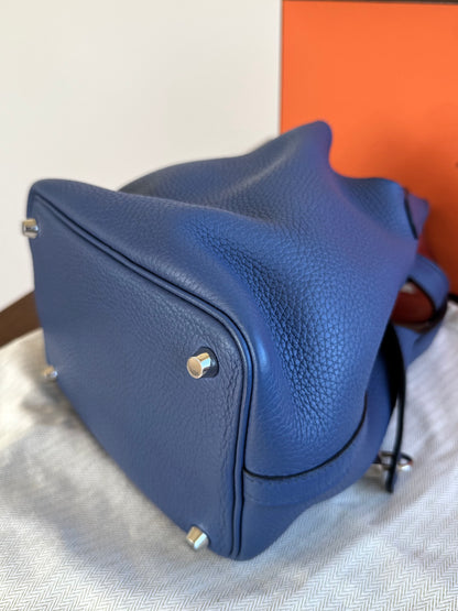 Pre-owned Hermès Picotin 18 Blue Brighton Capucine Clemence Bucket Bag