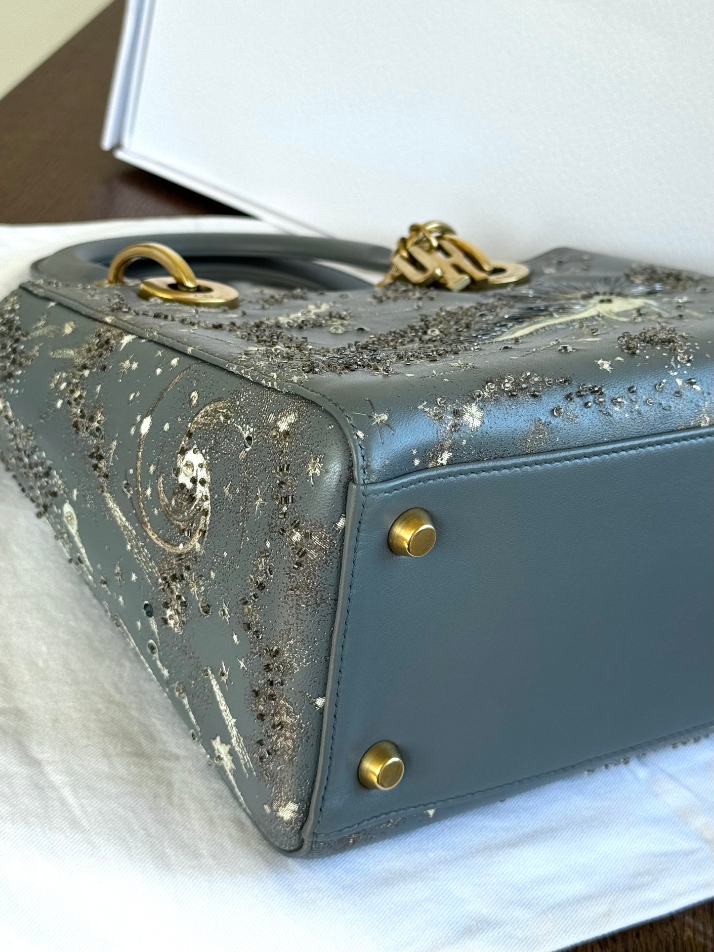 Pre-owned Dior Lady Dior Medium Grey Blue Embroidered Leather Bag