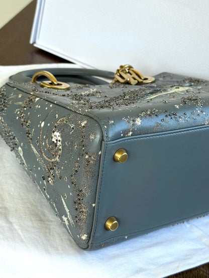 Pre-owned Dior Lady Dior Medium Grey Blue Embroidered Leather Bag
