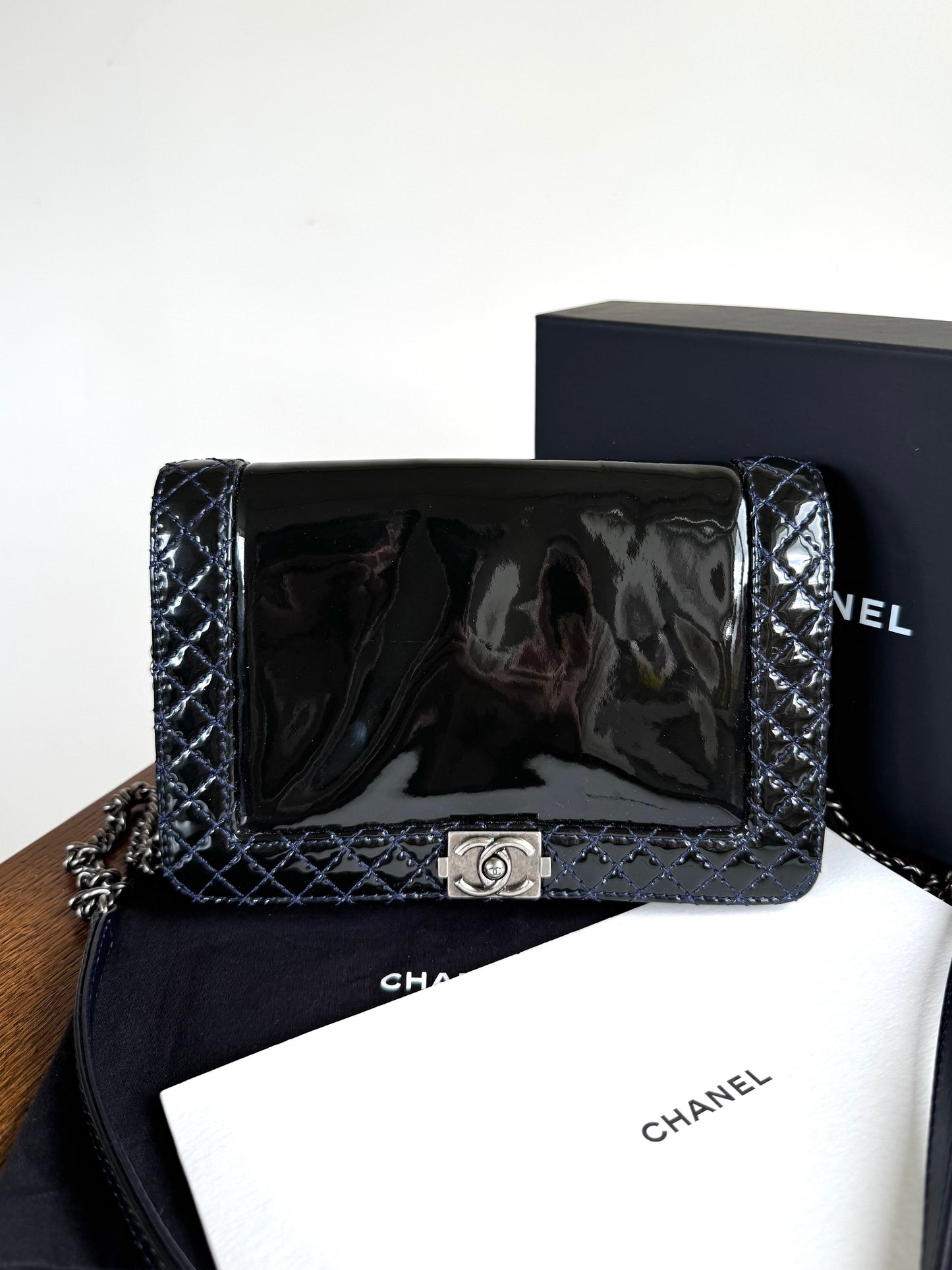 Pre-owned Chanel Boy WOC Black Patent Leather Flap Bag