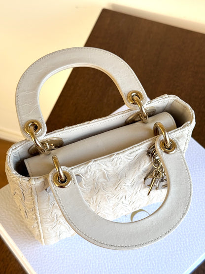 Pre-owned Dior Lady Dior Mini Off-White Eggshell Wrinkled Leather Bag