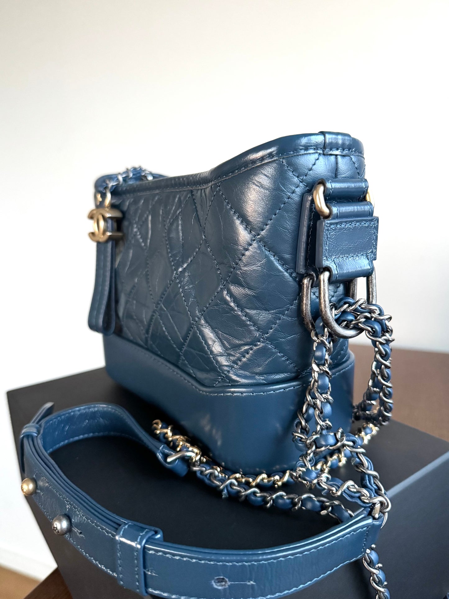 Pre-owned Chanel Gabrielle Small Marine Blue Leather Hobo Bag