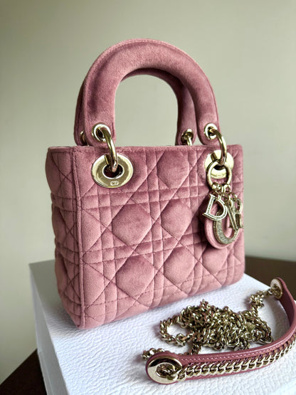 Pre-owned Dior Lady Dior Mini Crystal Dusty Rose Velvet Bag Limited Edition