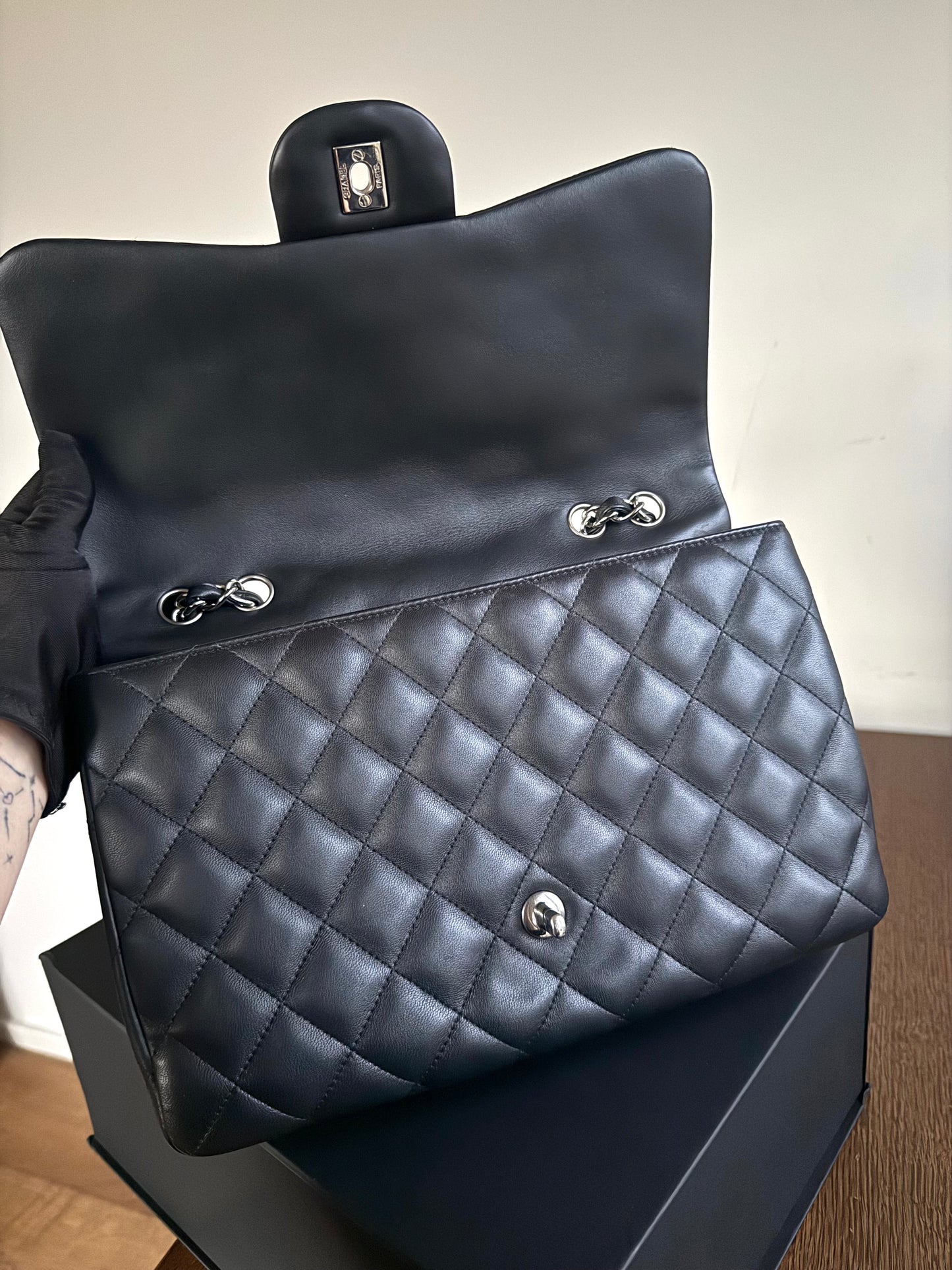 Pre-owned Chanel Timeless Classic Jumbo Black Lambskin Single Flap Bag