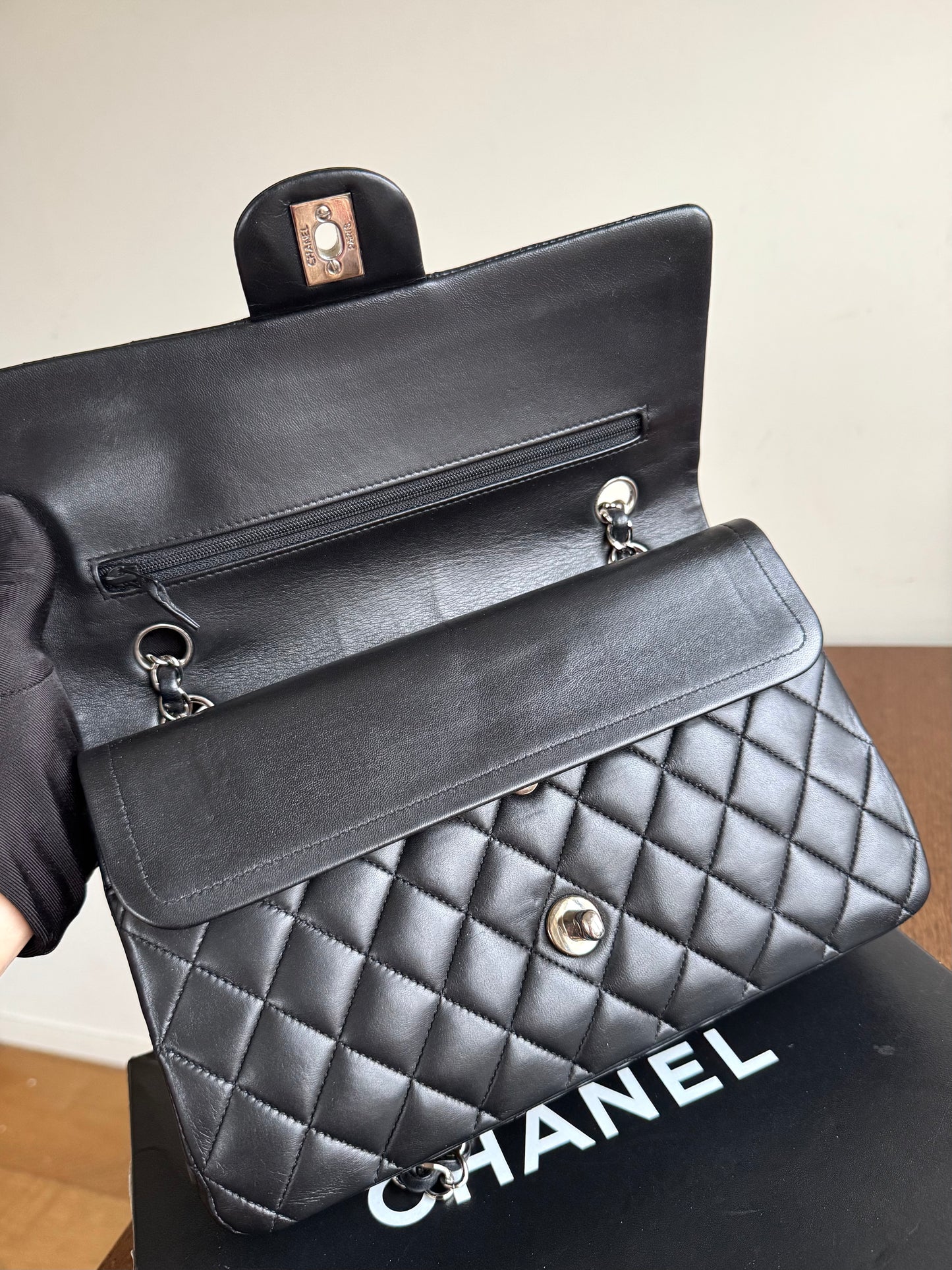Pre-owned Chanel Timeless Classic Medium Black Lambskin Flap Bag