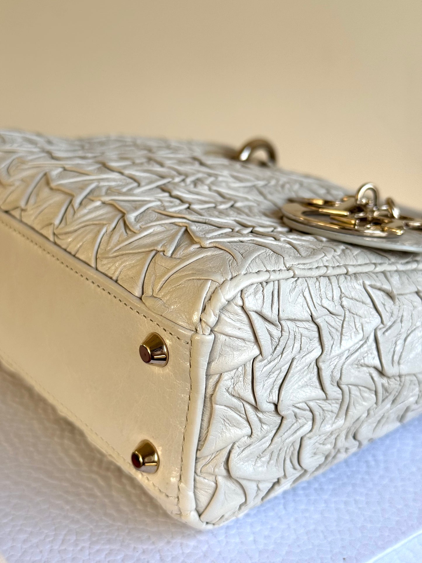 Pre-owned Dior Lady Dior Mini Off-White Eggshell Wrinkled Leather Bag