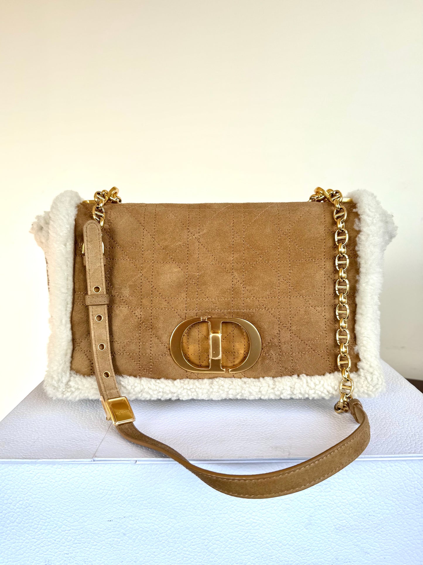 Pre-owned Dior Caro Large Camel Shearling Cannage Flap Bag